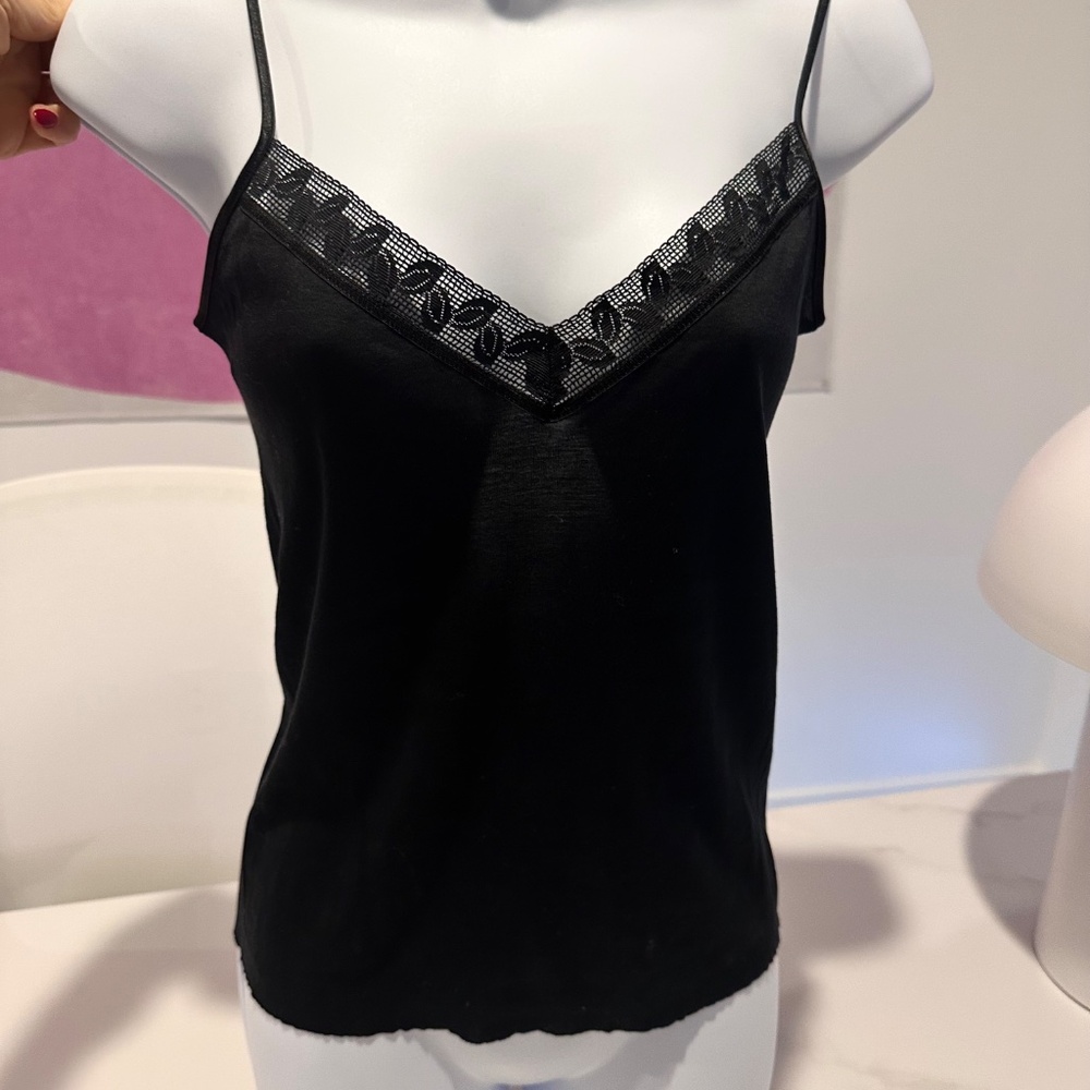 HANRO Switzerland Moments Black Lace Trim Spaghetti Mercerized Cotton Camisole S